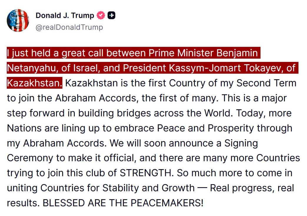 Trump concludes group call with Netanyahu and President Tokayev