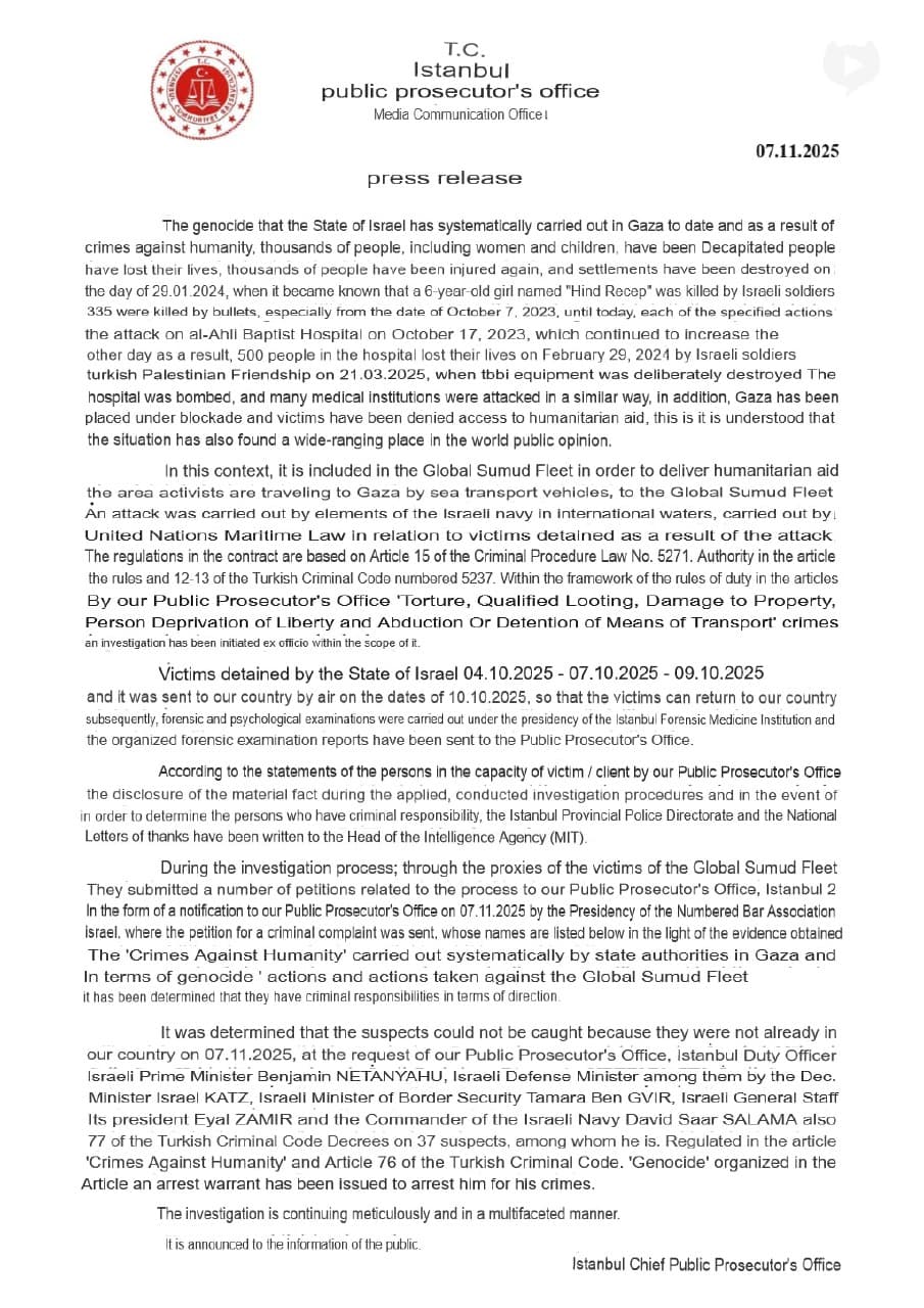 Turkey issues arrest warrants for Netanyahu and 36 Israeli officials