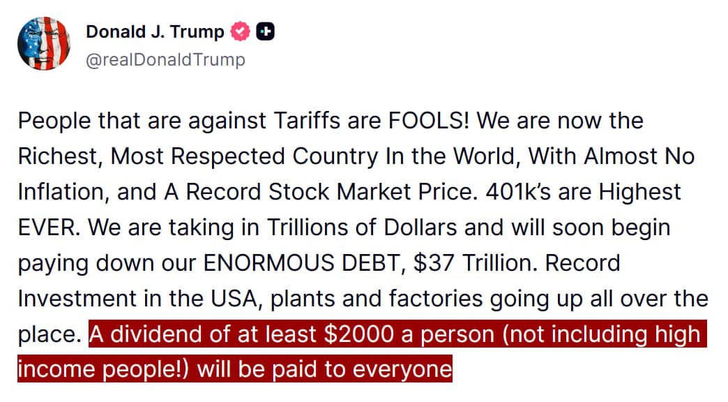 Trump announces $2,000 tariff stimulus check for everyone except the rich