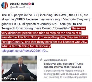 Trump accuses BBC of doctoring his Jan 6th speech, calls it a threat to democracy