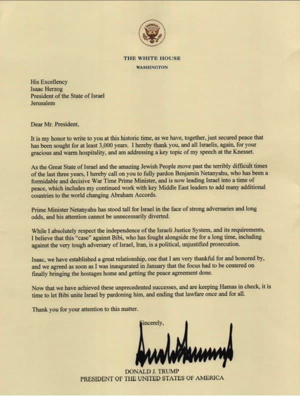 Trump asks President Herzog to pardon Netanyahu in formal letter