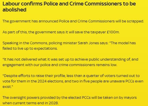 UK abolishes Police and Crime Commissioners, saving £100m from 2028