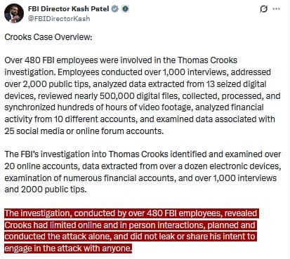 FBI Director Patel details Crooks case, confirms solo attack plan