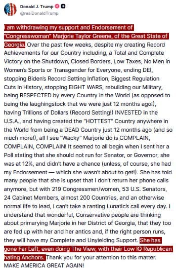 Trump withdraws support and endorsement of Marjorie Taylor Greene