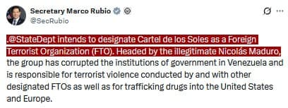 U.S. State Department designates Cartel de los Soles as terrorist group