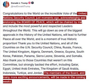 Trump congratulates UN on vote to endorse 'THE BOARD OF PEACE'