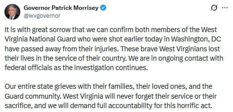 Featured image for: West Virginia Governor Patrick Morrisey confirms two National guardsmen have died West Virginia Governor Patrick Morrisey confirms two National guardsmen have died