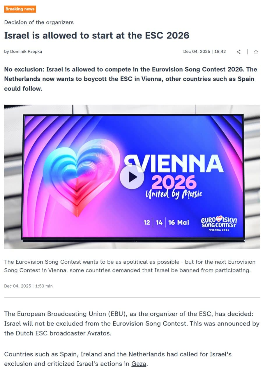 Featured image for: EBU confirms Israel will participate in Eurovision Song Contest 2026 EBU confirms Israel will participate in Eurovision Song Contest 2026
