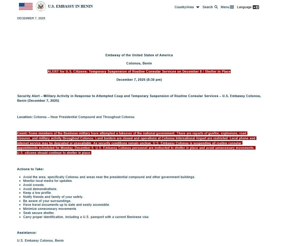 U.S. State Dept issues shelter in place for citizens in Cotonou, Benin