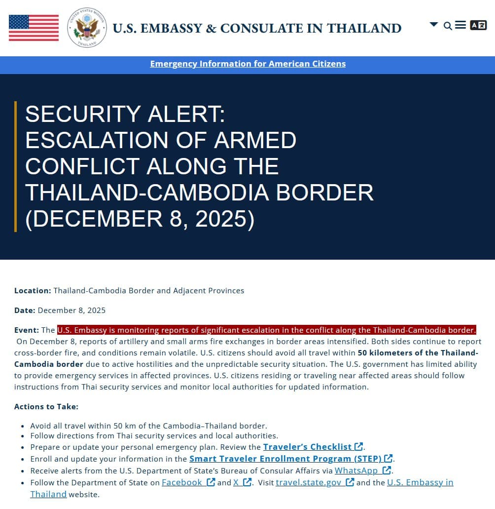 U.S. State Department issues travel warning for Thailand-Cambodia border