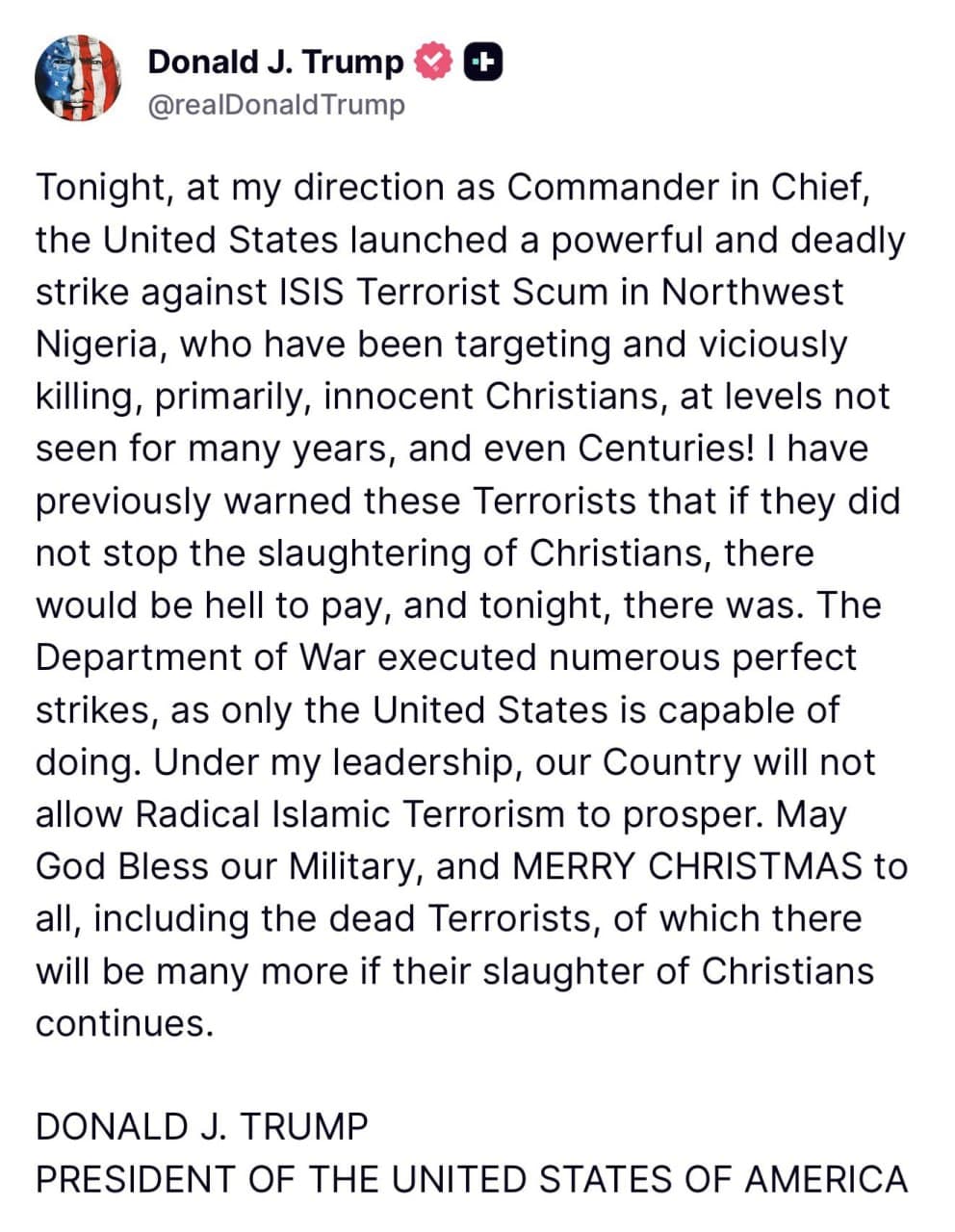 Featured image for: Trump orders military strikes against Islamists in Nigeria for killing Christians Trump orders military strikes against Islamists in Nigeria for killing Christians