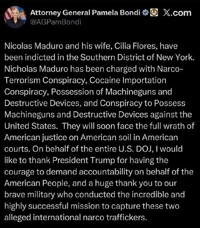 Featured image for: Maduro and wife indicted in Southern District of New York, DOJ says Maduro and wife indicted in Southern District of New York, DOJ says