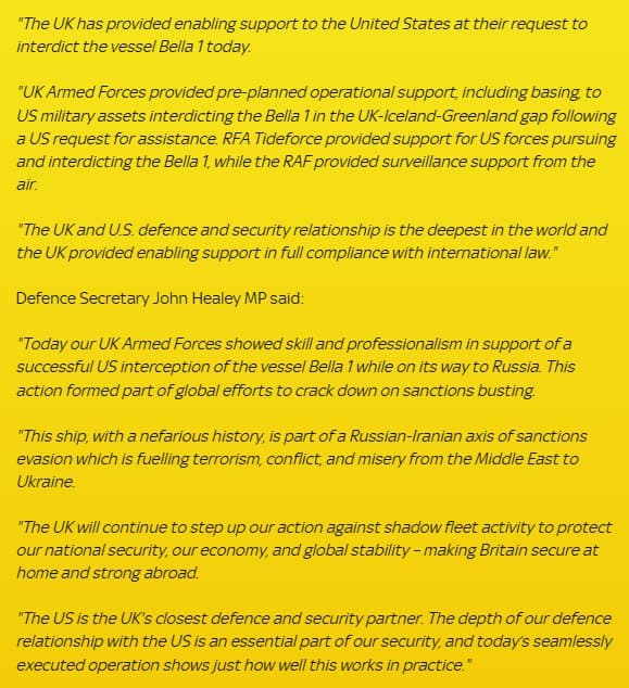 Featured image for: UK's MoD confirms support to U.S. for seizure of Russian tanker Bella 1 UK's MoD confirms support to U.S. for seizure of Russian tanker Bella 1