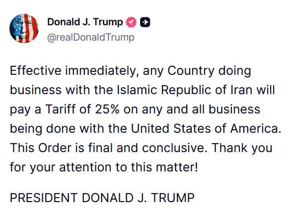 Featured image for: Trump announces 25% tariff on countries doing business with Iran Trump announces 25% tariff on countries doing business with Iran