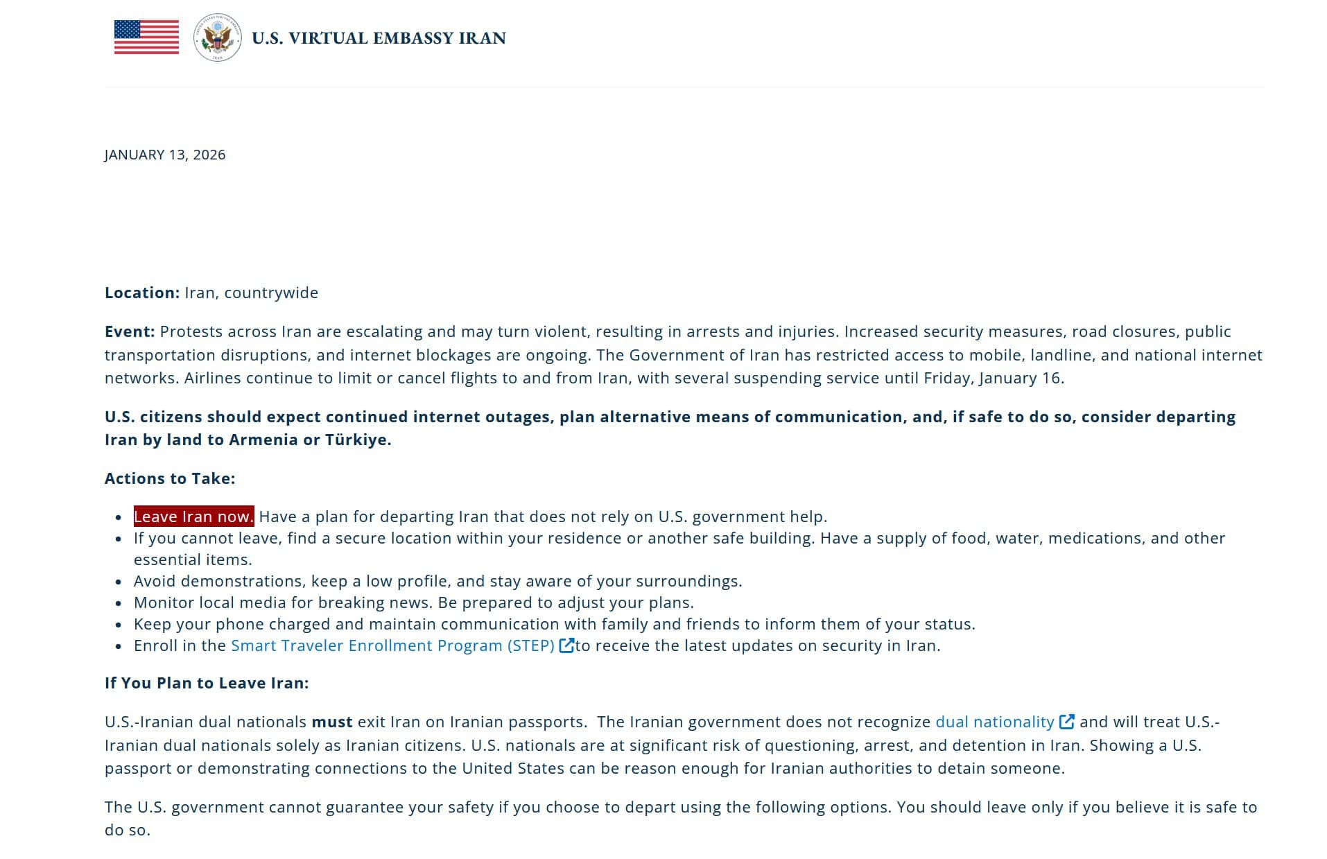 Featured image for: U.S. Virtual Embassy Iran advises: 'Leave Iran now' U.S. Virtual Embassy Iran advises: 'Leave Iran now'
