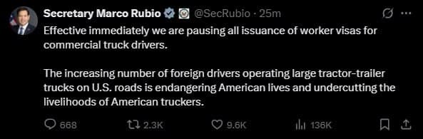 Featured image for: Breaking: U.S. Suspends Work Visas for Foreign Truck Drivers Amid Safety Concerns Breaking: U.S. Suspends Work Visas for Foreign Truck Drivers Amid Safety Concerns