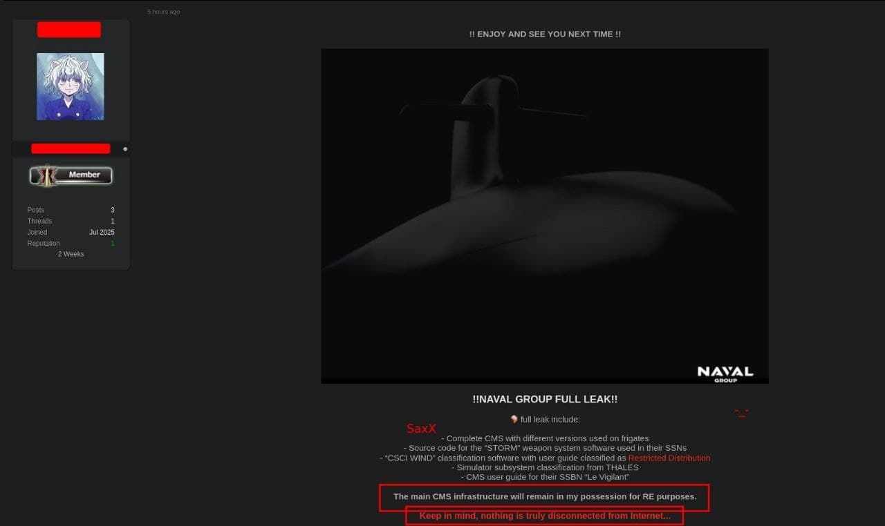 Featured image for: Major Cyberattack Exposes 1TB of Sensitive Data from France's Naval Group Major Cyberattack Exposes 1TB of Sensitive Data from France's Naval Group