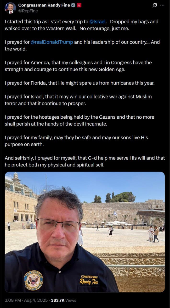 Featured image for: Congressman Randy Fine Faces Backlash After Gaza Remarks, Visits Wailing Wall Congressman Randy Fine Faces Backlash After Gaza Remarks, Visits Wailing Wall