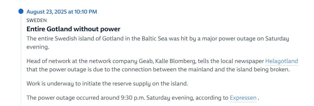 Featured image for: Gotland Faces Major Power Outage Amid Heightened Security Concerns Gotland Faces Major Power Outage Amid Heightened Security Concerns