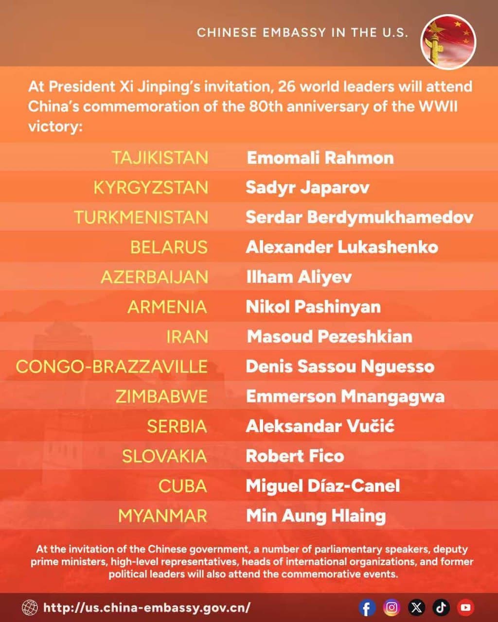 Featured image for: 26 World Leaders to Join China's Historic V-Day Celebrations on Sept 3 26 World Leaders to Join China's Historic V-Day Celebrations on Sept 3