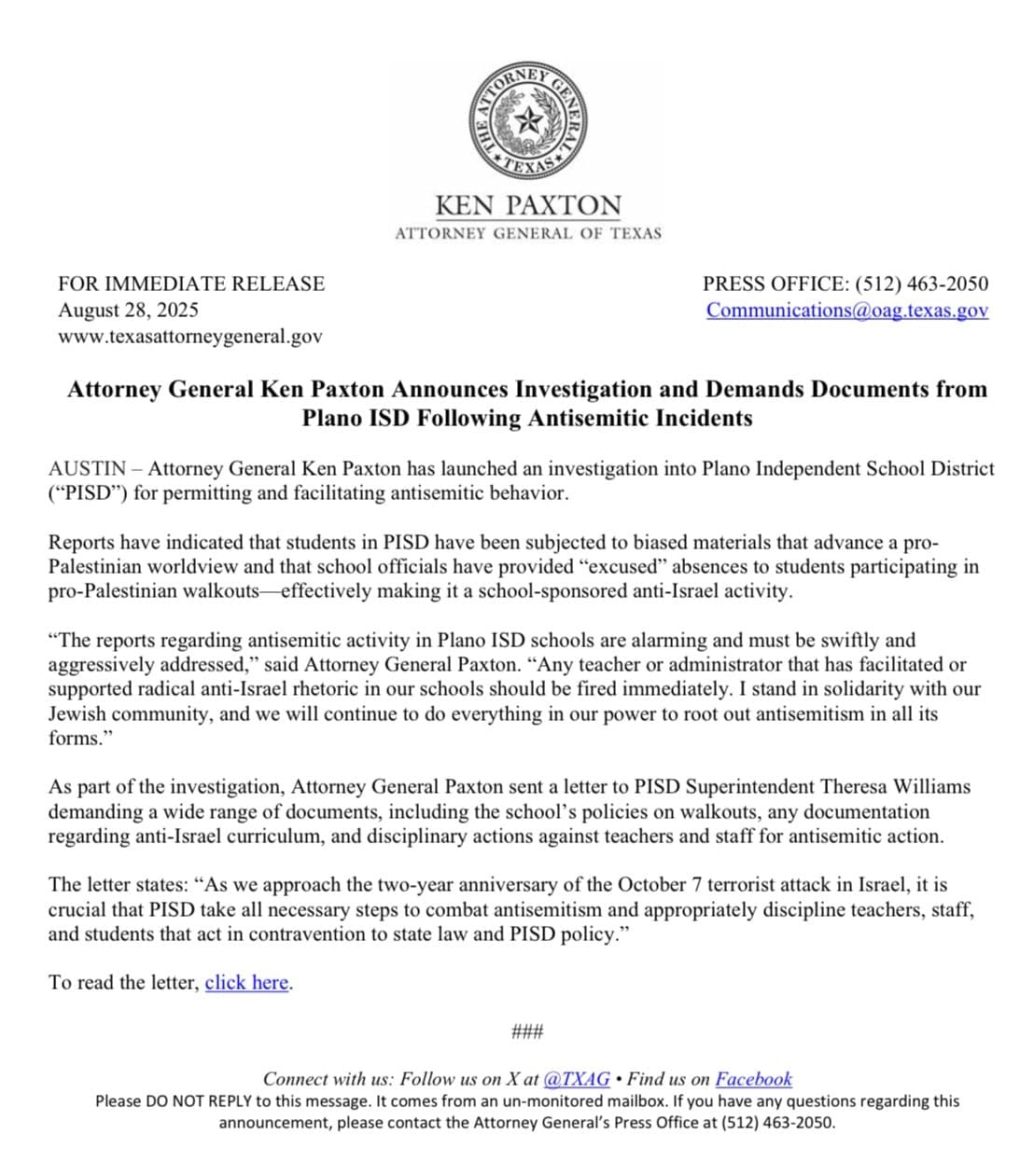 Featured image for: Texas AG Paxton Demands Action Against Antisemitism in Schools Texas AG Paxton Demands Action Against Antisemitism in Schools