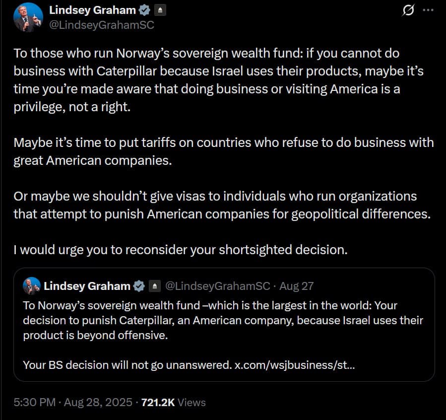 Featured image for: Lindsey Graham Threatens Economic Action Against Norway Over Caterpillar Funding Withdrawal Lindsey Graham Threatens Economic Action Against Norway Over Caterpillar Funding Withdrawal