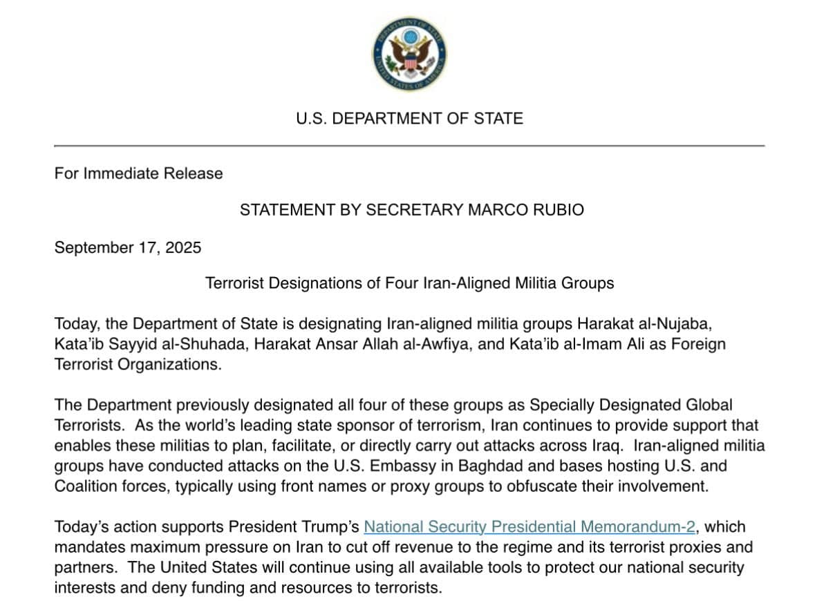 Featured image for: U.S. designates four Iranian-backed paramilitary groups as terrorist organizations U.S. designates four Iranian-backed paramilitary groups as terrorist organizations