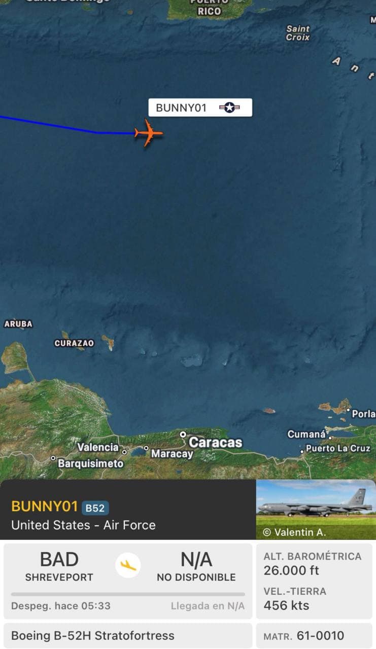 Featured image for: Three USAF B-52H Bombers spotted over international waters off Venezuela Three USAF B-52H Bombers spotted over international waters off Venezuela