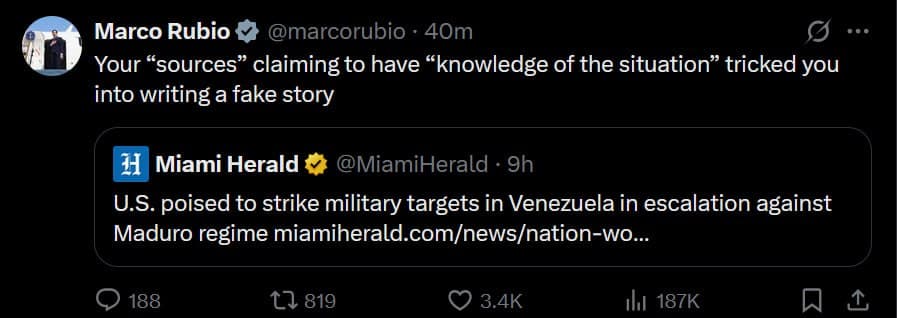 Featured image for: Marco Rubio denies Miami Herald report on Venezuela bombing preparations Marco Rubio denies Miami Herald report on Venezuela bombing preparations