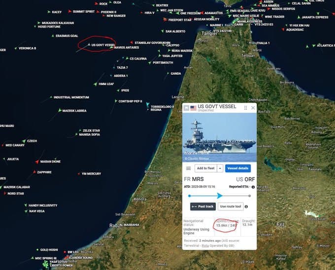 USS Gerald R. Ford crosses Gibraltar Straits, heading to Caribbean