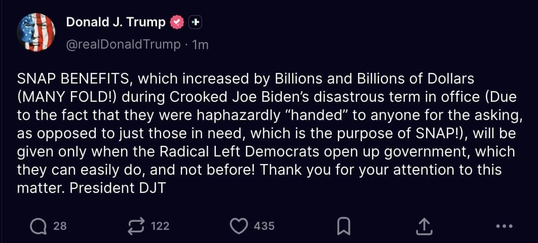 Trump says SNAP benefits will resume only after government reopens