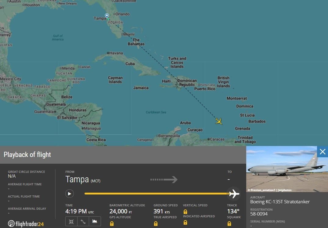 USAF KC-135T Stratotanker spotted near Venezuela's La Orchila Island