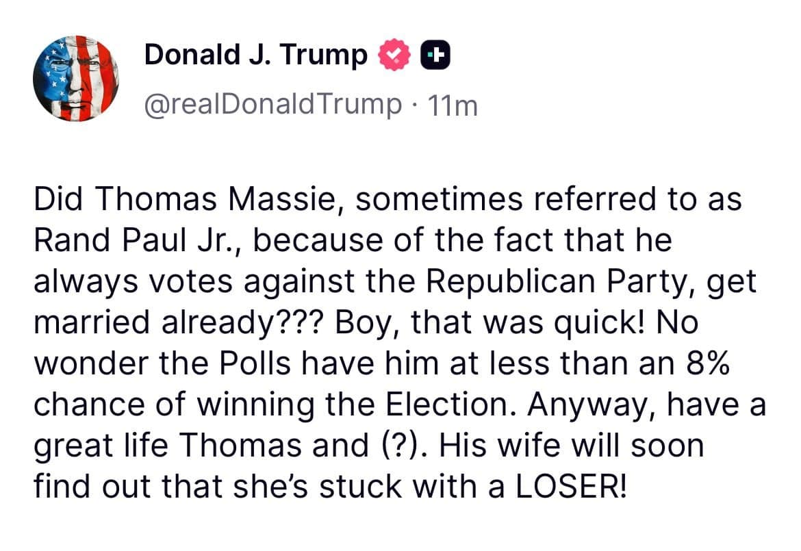 Trump criticizes Rep. Thomas Massie for remarrying after wife's death