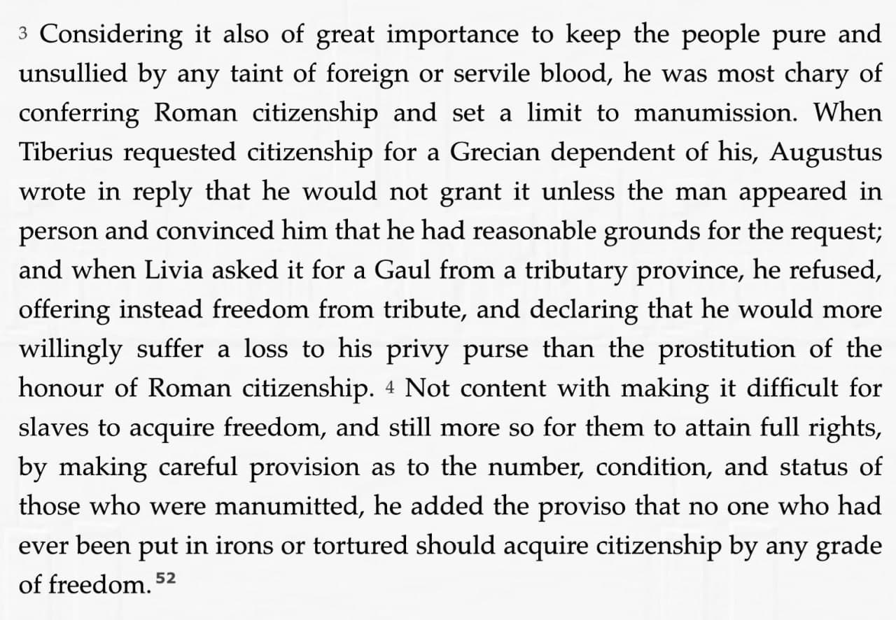 Augustus viewed maintaining Roman blood purity as essential, says Suetonius