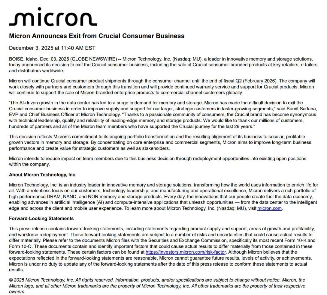 Featured image for: Micron exits consumer market to focus on AI companies and data centers Micron exits consumer market to focus on AI companies and data centers