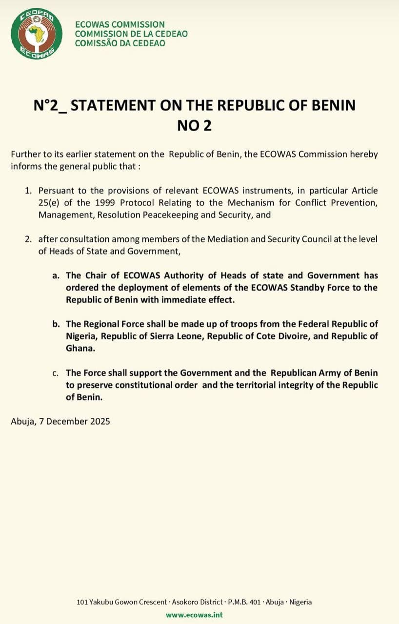 ECOWAS Standby Force deploying to Benin to support government forces