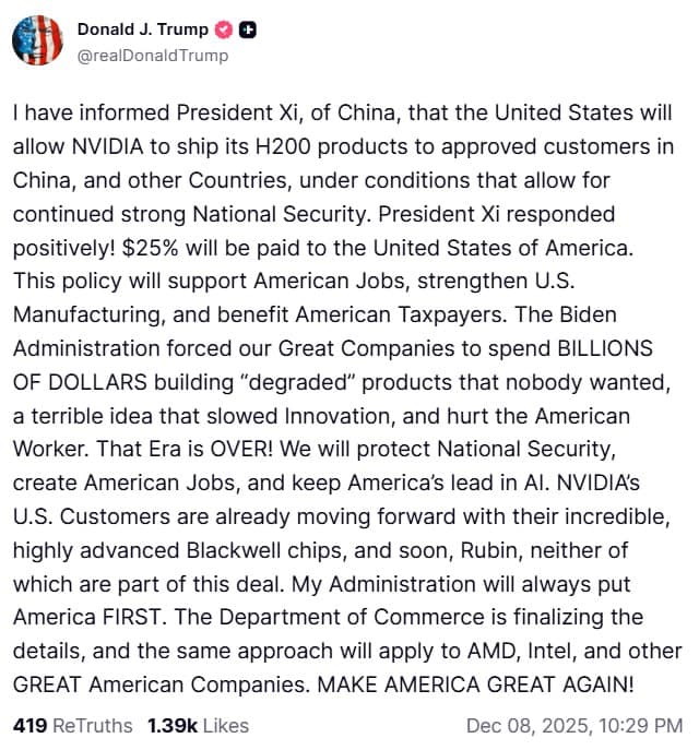Trump authorizes NVIDIA to sell H200 chips to approved customers in China