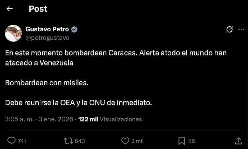 Featured image for: Petro claims Caracas is being bombed with missiles, calls for OAS and UN meeting Petro claims Caracas is being bombed with missiles, calls for OAS and UN meeting