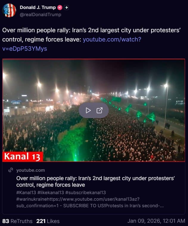 Featured image for: President Trump shares YouTube video of Iranian protests claiming over a million attendees President Trump shares YouTube video of Iranian protests claiming over a million attendees