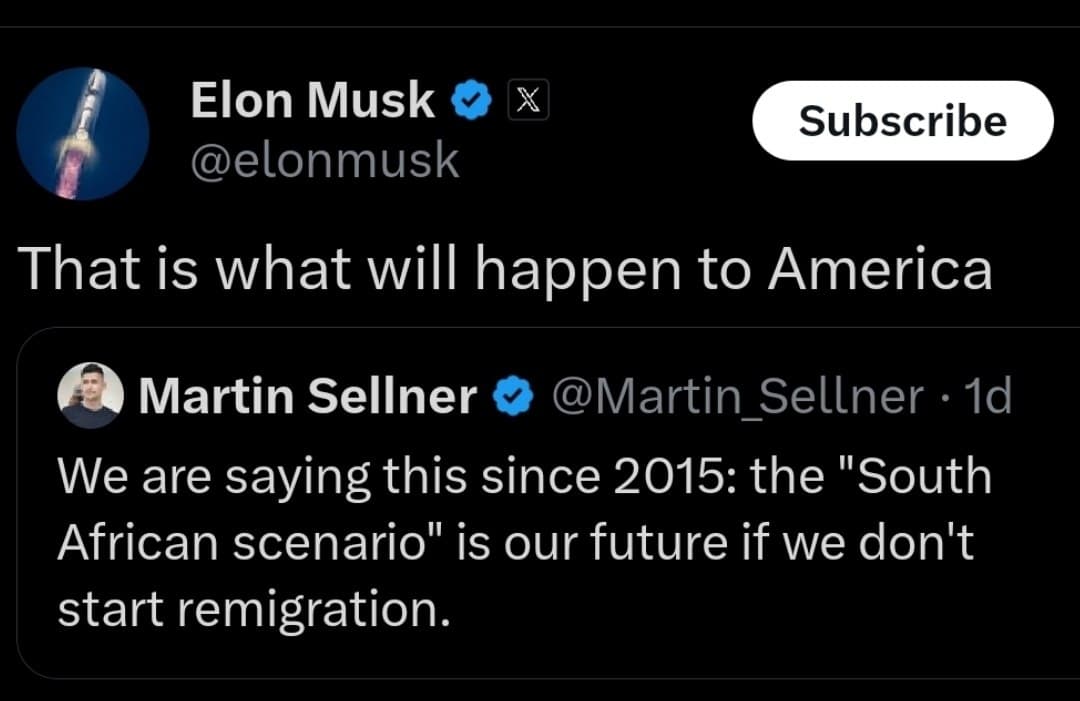 Featured image for: Elon Musk warns of 'South African scenario' for America if no remigration Elon Musk warns of 'South African scenario' for America if no remigration