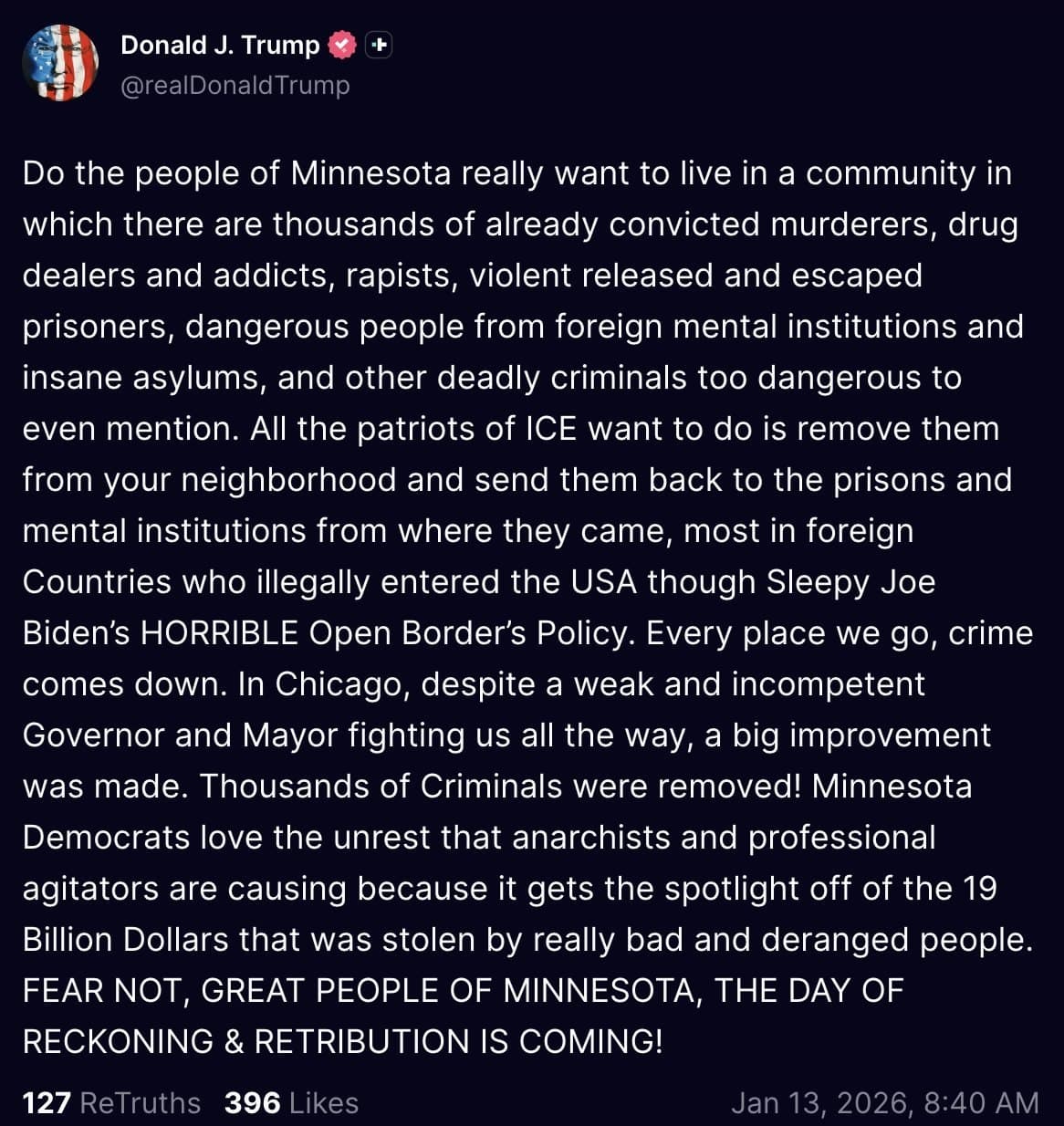 Featured image for: Trump tells Minnesota: 'The day of reckoning and retribution is coming.' Trump tells Minnesota: 'The day of reckoning and retribution is coming.'