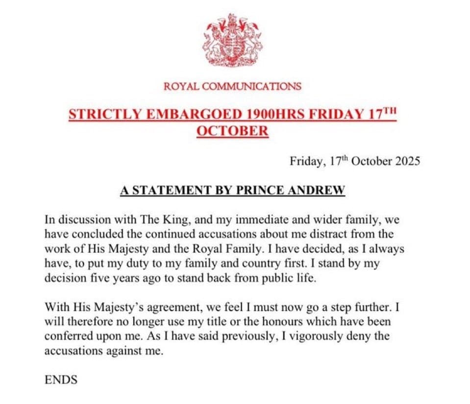 Featured image for: Prince Andrew surrenders all royal titles, including Duke of York Prince Andrew surrenders all royal titles, including Duke of York