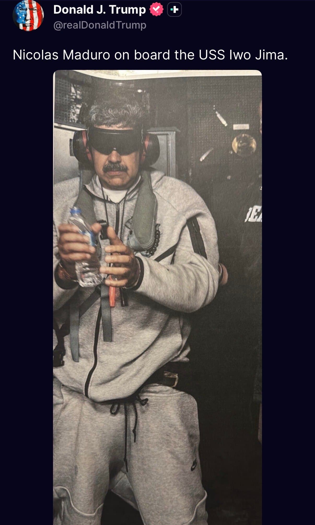 Featured image for: President Trump shares photo of President Maduro in U.S. custody President Trump shares photo of President Maduro in U.S. custody