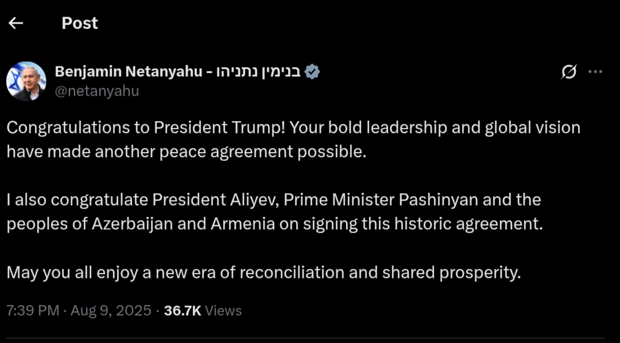 Featured image for: Netanyahu Celebrates Historic Peace Agreement Between Azerbaijan and Armenia, Thanks Trump Netanyahu Celebrates Historic Peace Agreement Between Azerbaijan and Armenia, Thanks Trump