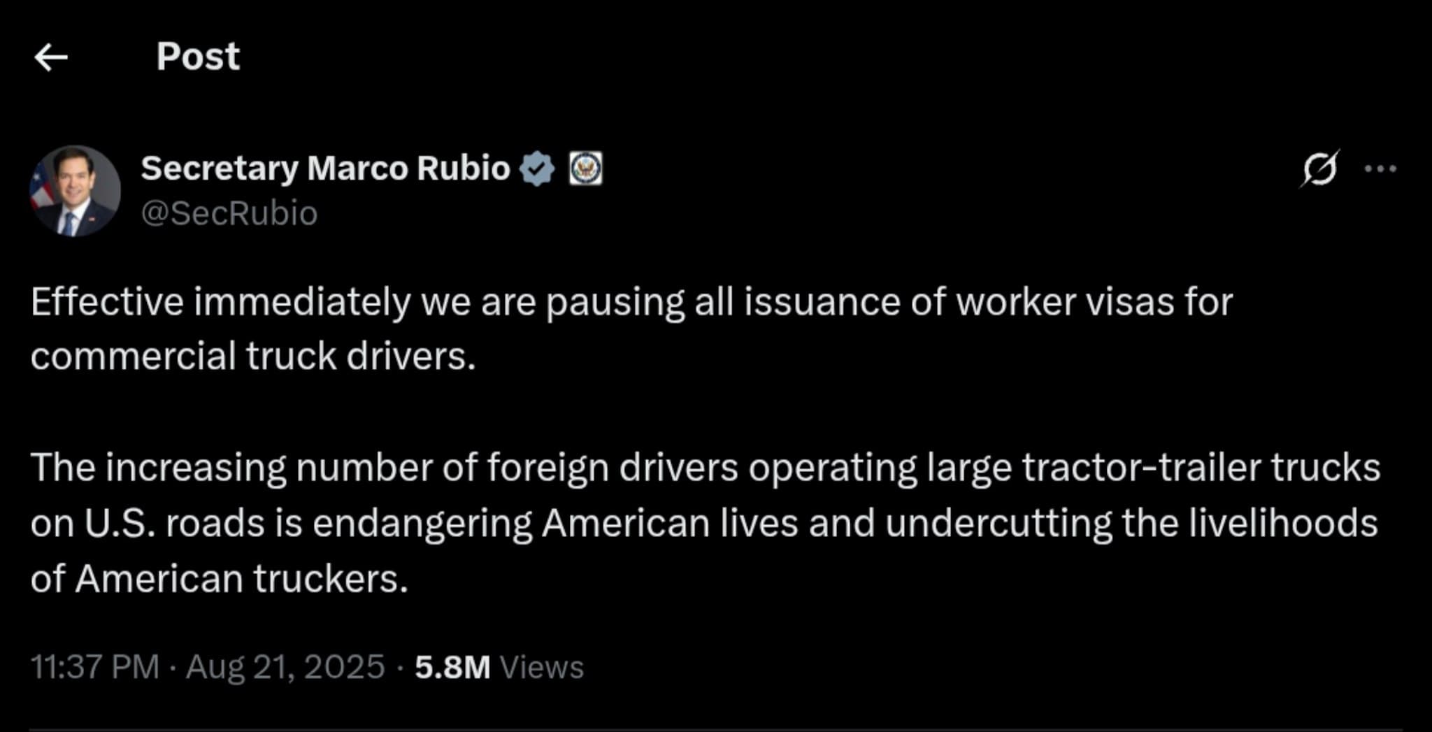 Featured image for: Breaking: Rubio Halts All Truck Driver Visas, Citing Urgent Risks Breaking: Rubio Halts All Truck Driver Visas, Citing Urgent Risks