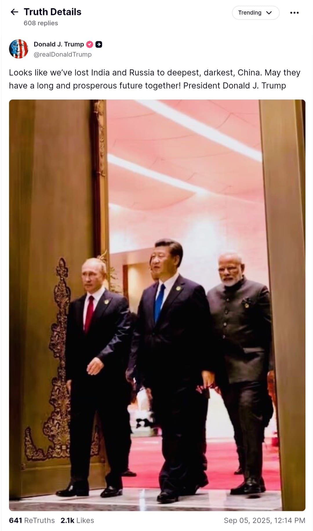 Featured image for: Trump Warns of Strategic Loss as India and Russia Align with China Trump Warns of Strategic Loss as India and Russia Align with China