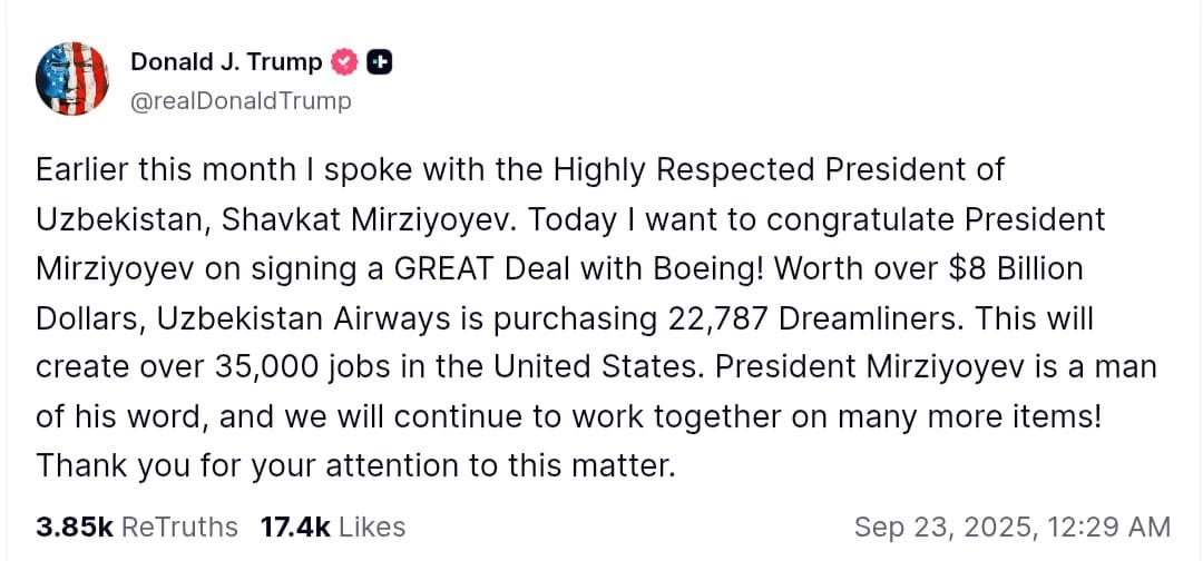 Featured image for: Uzbekistan Airways signs $8B deal for 22 Boeing 787-9 Dreamliners Uzbekistan Airways signs $8B deal for 22 Boeing 787-9 Dreamliners