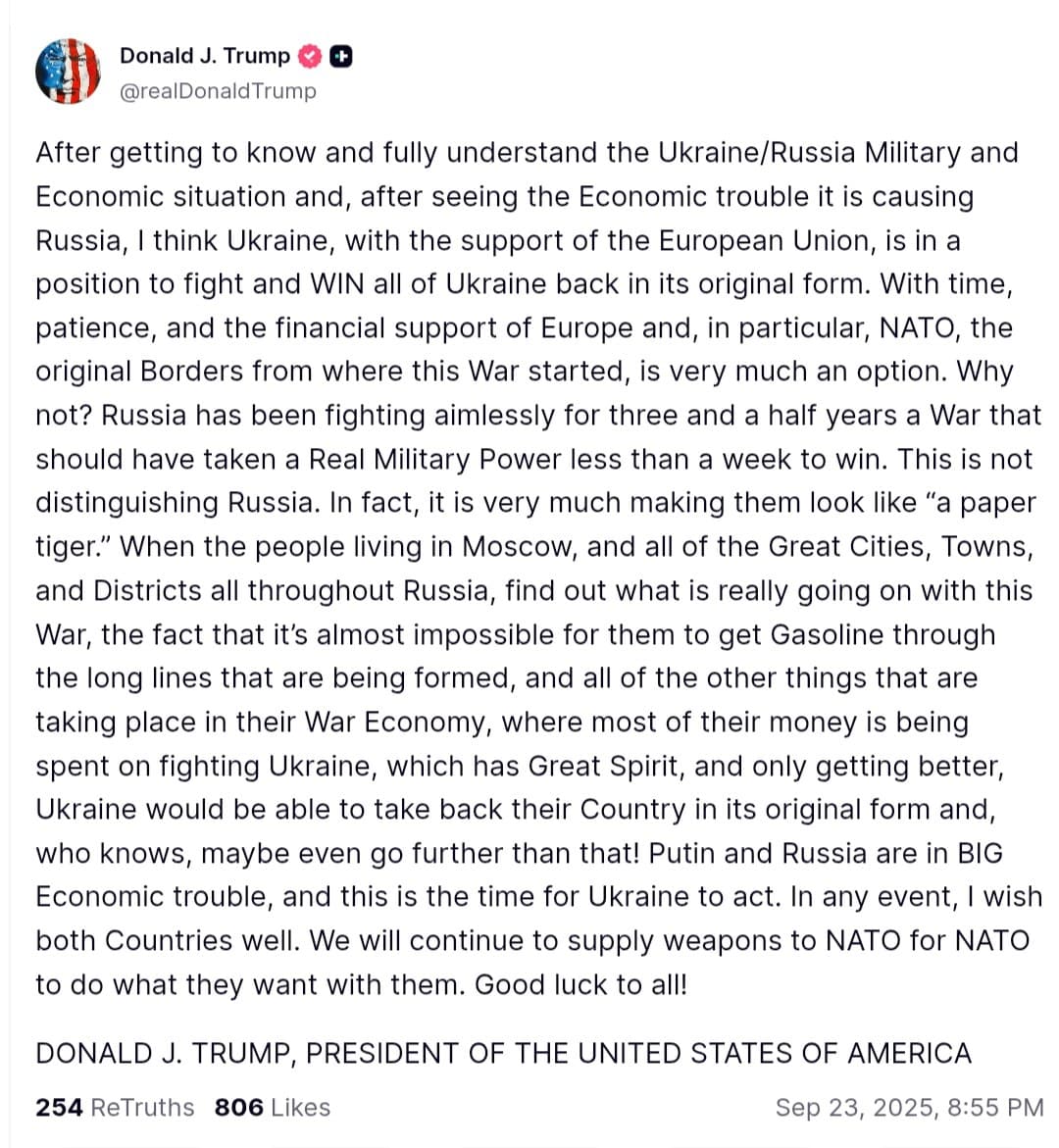 Featured image for: US President says Ukraine can win back all territory and warns Russia is in trouble US President says Ukraine can win back all territory and warns Russia is in trouble