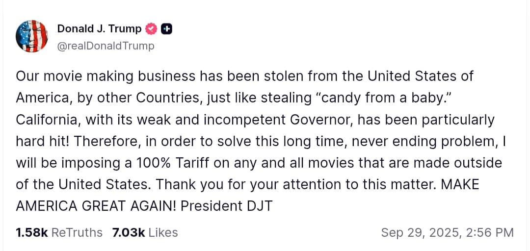 Featured image for: Trump to impose 100% tariff on all movies made outside the U.S. Trump to impose 100% tariff on all movies made outside the U.S.