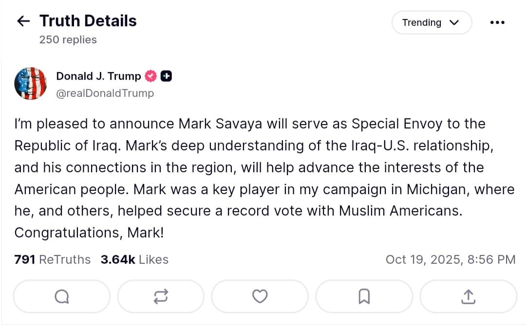 Featured image for: Trump appoints Mark Savaya as Special Envoy to Iraq Trump appoints Mark Savaya as Special Envoy to Iraq